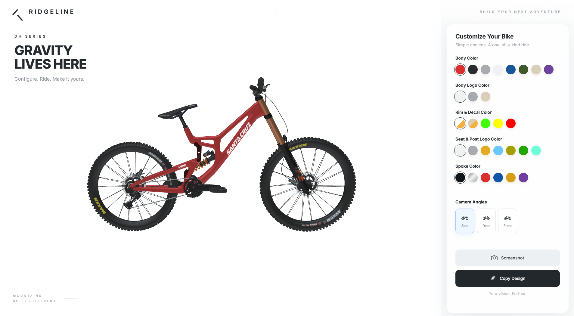 3D bicycle configurator with real-time parts and colour customisation