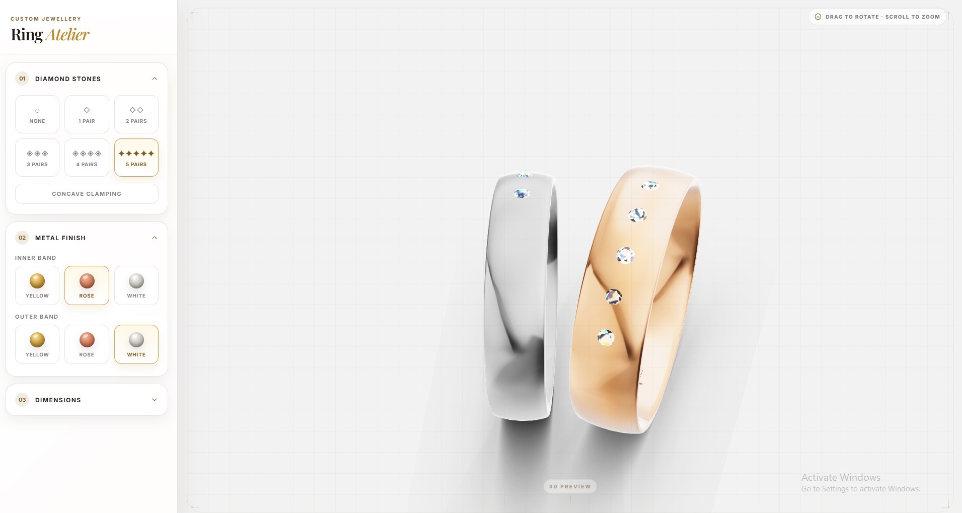 3D ring configurator with metal and gemstone options