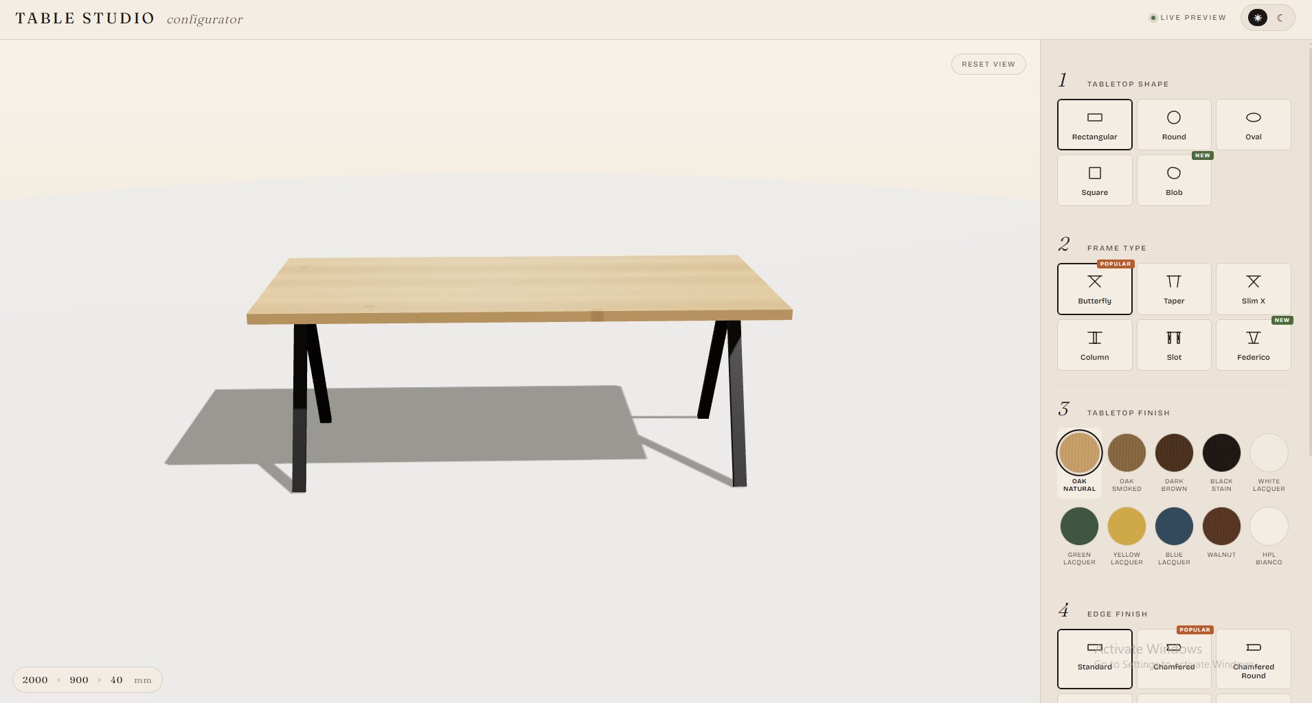 3D table configurator with shape, material and size options